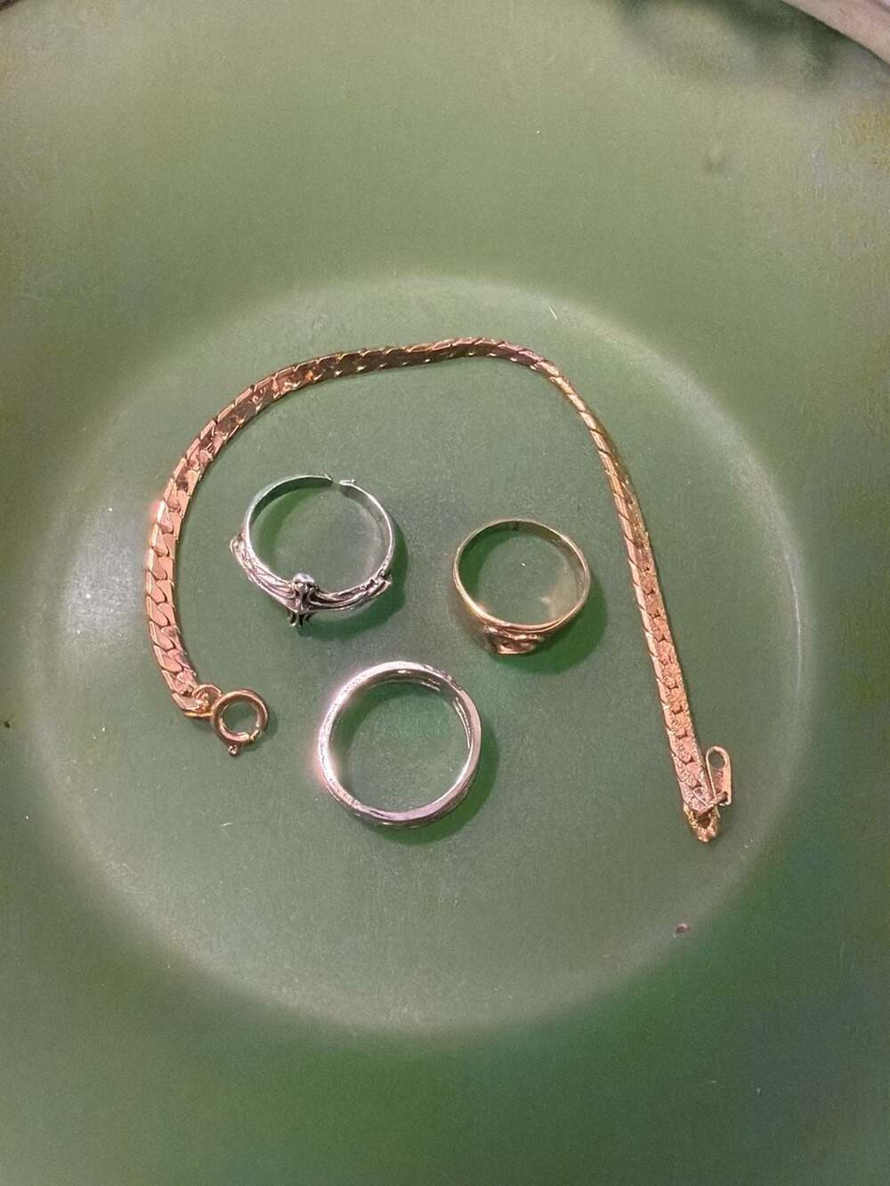 Vintage Avon Jewelry Lot: Heart Ring, Cross Ring, and Textured Chain Bracelet